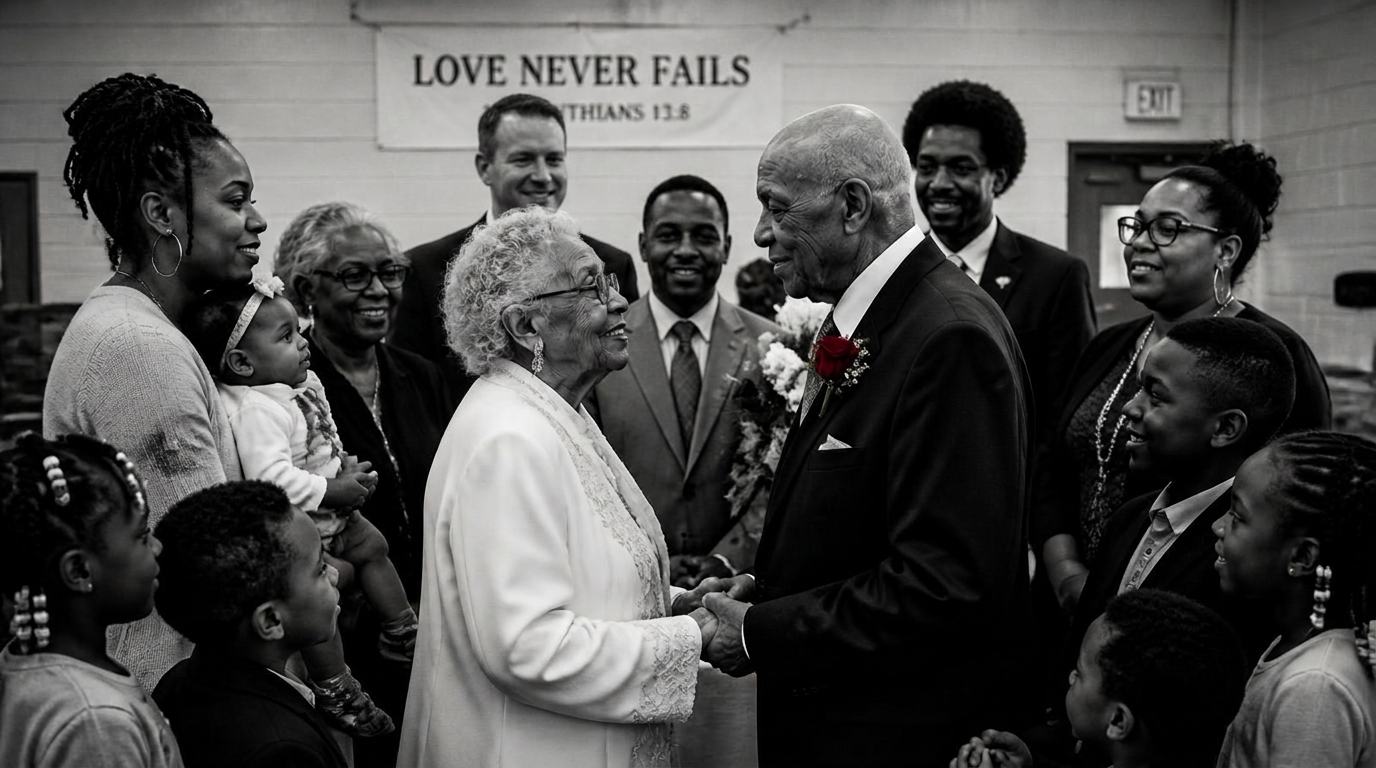 A Detroit great-grandmother and great-grandfather renewing their wedding vows, surrounded by four generations of family including a baby